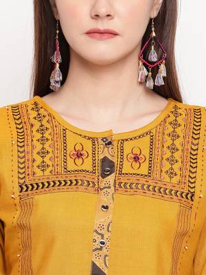 Mustard Embroidery With Print  Staright Kurti 5