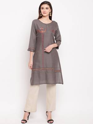 Grey Embroidery With Print  Staright Kurti 1