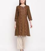 Brown Embroidery With Print  Staright Kurti