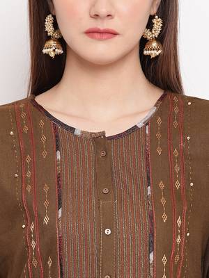 Brown Embroidery With Print  Staright Kurti 5