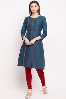 Teal Blue Embroidery With Print  Staright Kurti