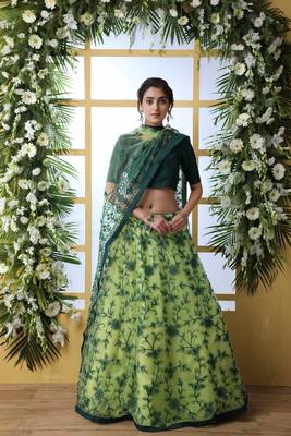 Light-Green Embroidered Net Semi Stitched Lehenga 1