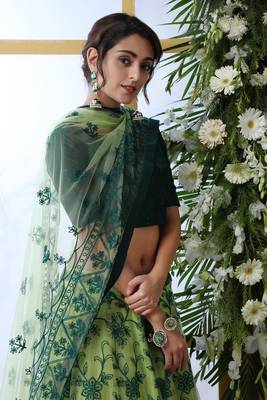 Light-Green Embroidered Net Semi Stitched Lehenga 4
