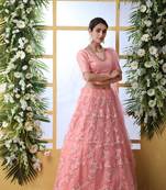 Peach Embroidered Net Semi Stitched Lehenga