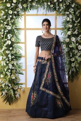 Navy-Blue Embroidered Art Silk Semi Stitched Lehenga 1