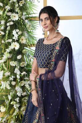 Navy-Blue Embroidered Art Silk Semi Stitched Lehenga 4