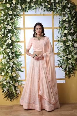 Peach Embroidered Georgette Semi Stitched Lehenga 1