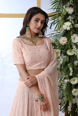 Peach Embroidered Georgette Semi Stitched Lehenga 4