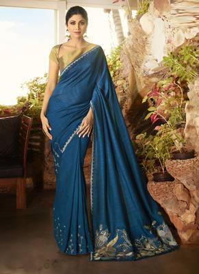 Blue Brasso Pure Fancy Fabric Saree With Blouse 1