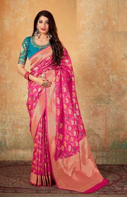 Pink woven banarasi silk saree with blouse 1