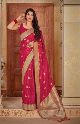 Pink woven banarasi silk saree with blouse 1