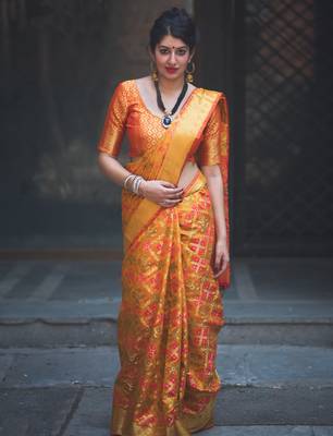 Mustard woven banarasi silk saree with blouse 1