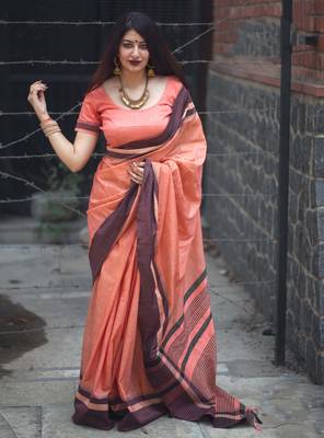 Peach woven cotton silk saree with blouse 1