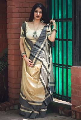 Beige woven cotton silk saree with blouse 1