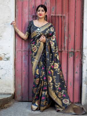 Black woven banarasi silk saree with blouse 1