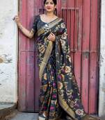 Black woven banarasi silk saree with blouse