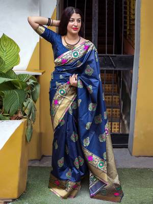 Blue woven banarasi silk saree with blouse 1