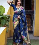 Blue woven banarasi silk saree with blouse