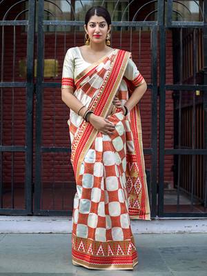 Off white woven banarasi silk saree with blouse 1