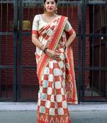 Off white woven banarasi silk saree with blouse