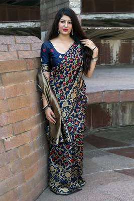 Blue woven banarasi silk saree with blouse 1