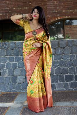 Light yellow woven banarasi silk saree with blouse 1