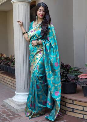 Sky blue woven banarasi silk saree with blouse 1