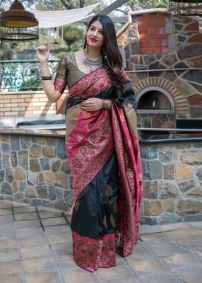 Black woven banarasi silk saree with blouse 1