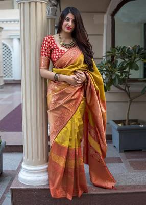 Yellow woven banarasi silk saree with blouse 1