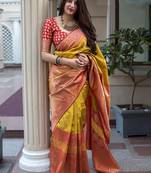 Yellow woven banarasi silk saree with blouse