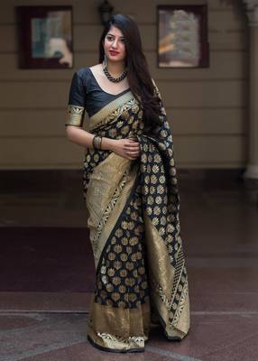 Black woven banarasi silk saree with blouse 1