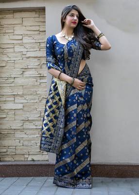 Blue woven banarasi silk saree with blouse 1