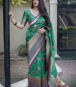 Green woven banarasi silk saree with blouse