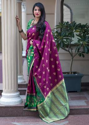 Rani pink woven banarasi silk saree with blouse 1