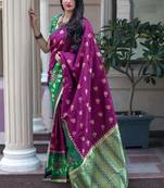 Rani pink woven banarasi silk saree with blouse