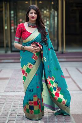 Multicolor woven banarasi silk saree with blouse 1