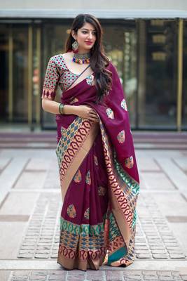 Wine woven banarasi silk saree with blouse 1