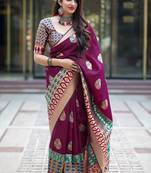 Wine woven banarasi silk saree with blouse