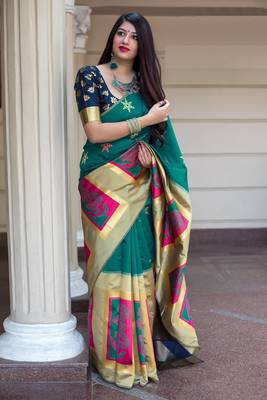 Dark turquoise woven banarasi silk saree with blouse 1
