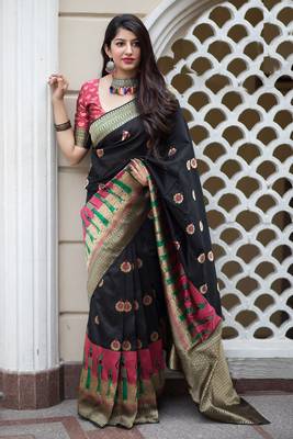Black woven banarasi silk saree with blouse 1
