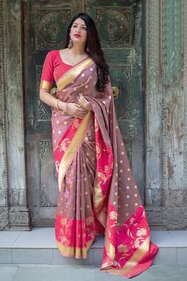 Pink woven pure silk saree with blouse 1