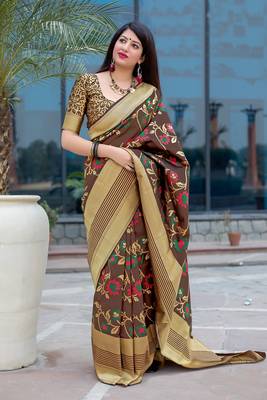 Brown woven pure silk saree with blouse 1