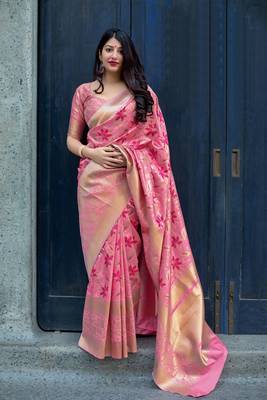 Pink woven pure silk saree with blouse 1