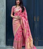 Pink woven pure silk saree with blouse