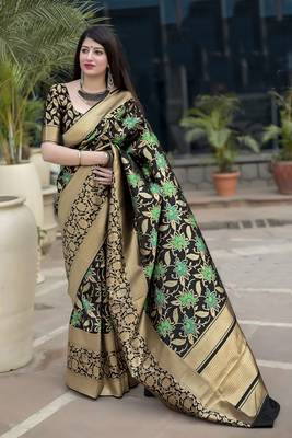 Black woven pure silk saree with blouse 1