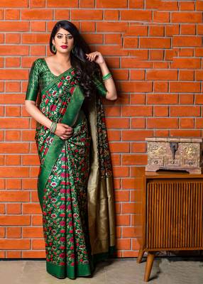 Dark green woven banarasi silk saree with blouse 1