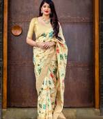 Beige woven banarasi silk saree with blouse