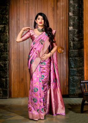 Light pink woven banarasi silk saree with blouse 1