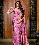 Light pink woven banarasi silk saree with blouse