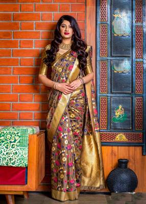 Light brown woven banarasi silk saree with blouse 1